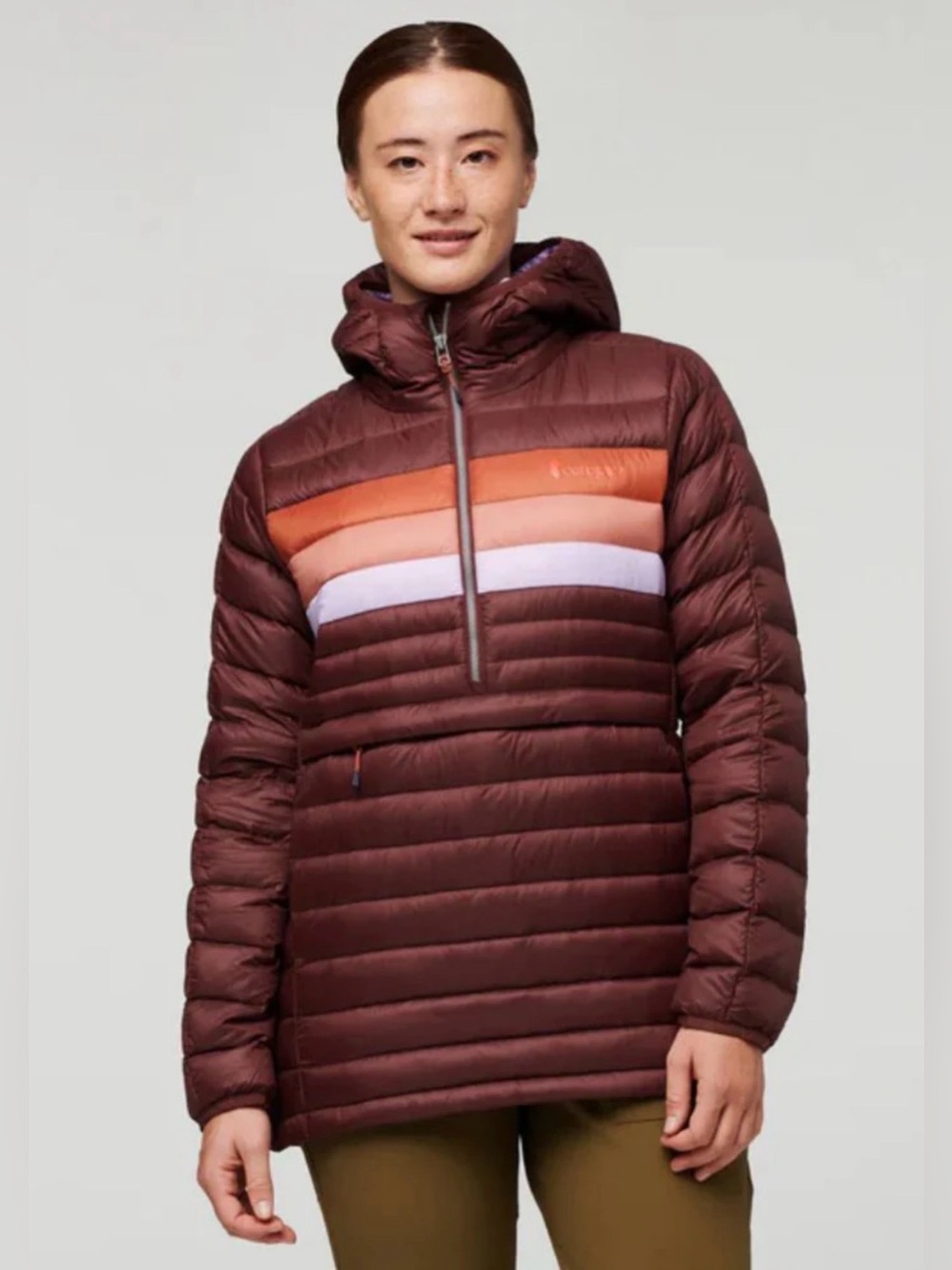 cotopaxi Fuego Down Hooded Pullover Puffer Women’s Small Chestnut Stripe Jacket